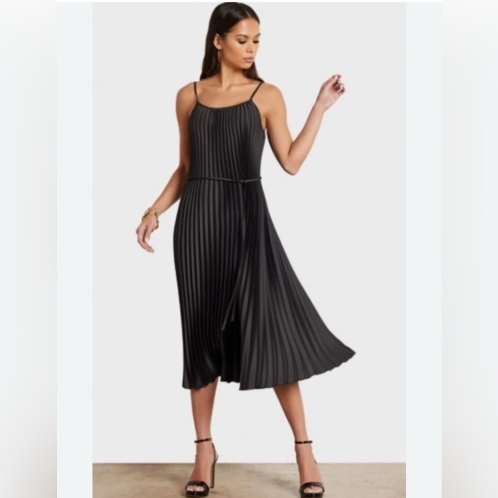 Sam Edelman Black Plisse Pleated Midi Dress spaghetti straps tie detail sz L NWT